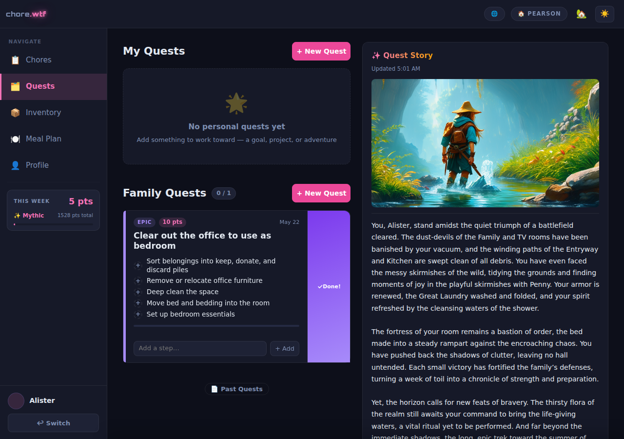 The quests page, with the morning's AI-written quest story beside a family quest