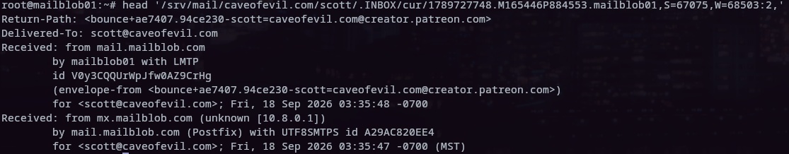 A message file on the mail server, opened as root: the headers are plain, readable text
